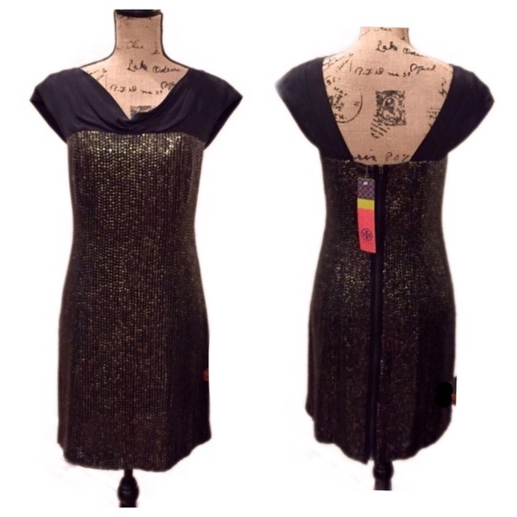 TORY BURCH Black Gold Sequin Party Dress NWT - Picture 2 of 8